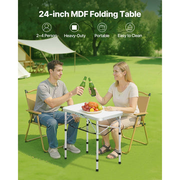 Folding Camping Table, Adjustable Height Portable Side Tables, Aluminum MDF Beach Table with Mesh Layer, Carrying Handle, Lightweight Compact for Outdoor Picnic BBQ Cooking, 24x16in, Silver - 0