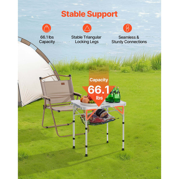 Folding Camping Table, Adjustable Height Portable Side Tables, Aluminum MDF Beach Table with Mesh Layer, Carrying Handle, Lightweight Compact for Outdoor Picnic BBQ Cooking, 24x16in, Silver