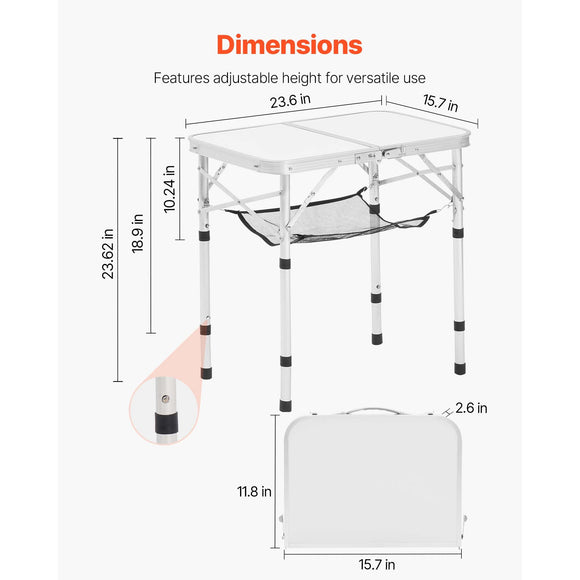 Folding Camping Table, Adjustable Height Portable Side Tables, Aluminum MDF Beach Table with Mesh Layer, Carrying Handle, Lightweight Compact for Outdoor Picnic BBQ Cooking, 24x16in, Silver