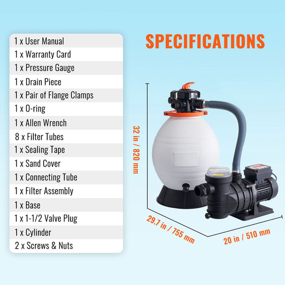 Sand Filter Above Ground with 850W Pool Pump 18,000 L/H Flow 6-Way Valve