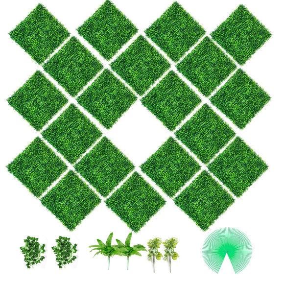 VEVOR Artificial Boxwood Panels, 20 PCS 20\"x20\" Boxwood Hedge Wall Panels, PE Artificial Grass Backdrop Wall 1.6\", Privacy Hedge Screen for Decoration of Outdoor, Indoor, Garden, Fence, and Backyar