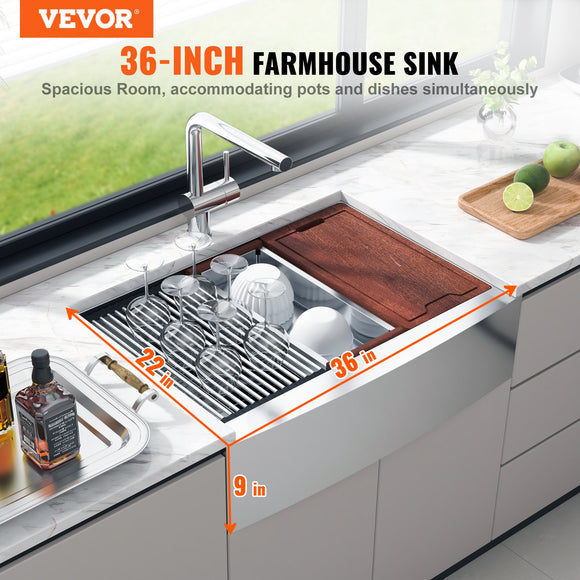 VEVOR Farmhouse Kitchen Sink, 304 Stainless Steel Drop-In Sinks, Top Mount Single Bowl Basin with Ledge & Accessories, Household Dishwasher Sinks for Workstation, Prep Kitchen, and Bar Sink, 36 inch