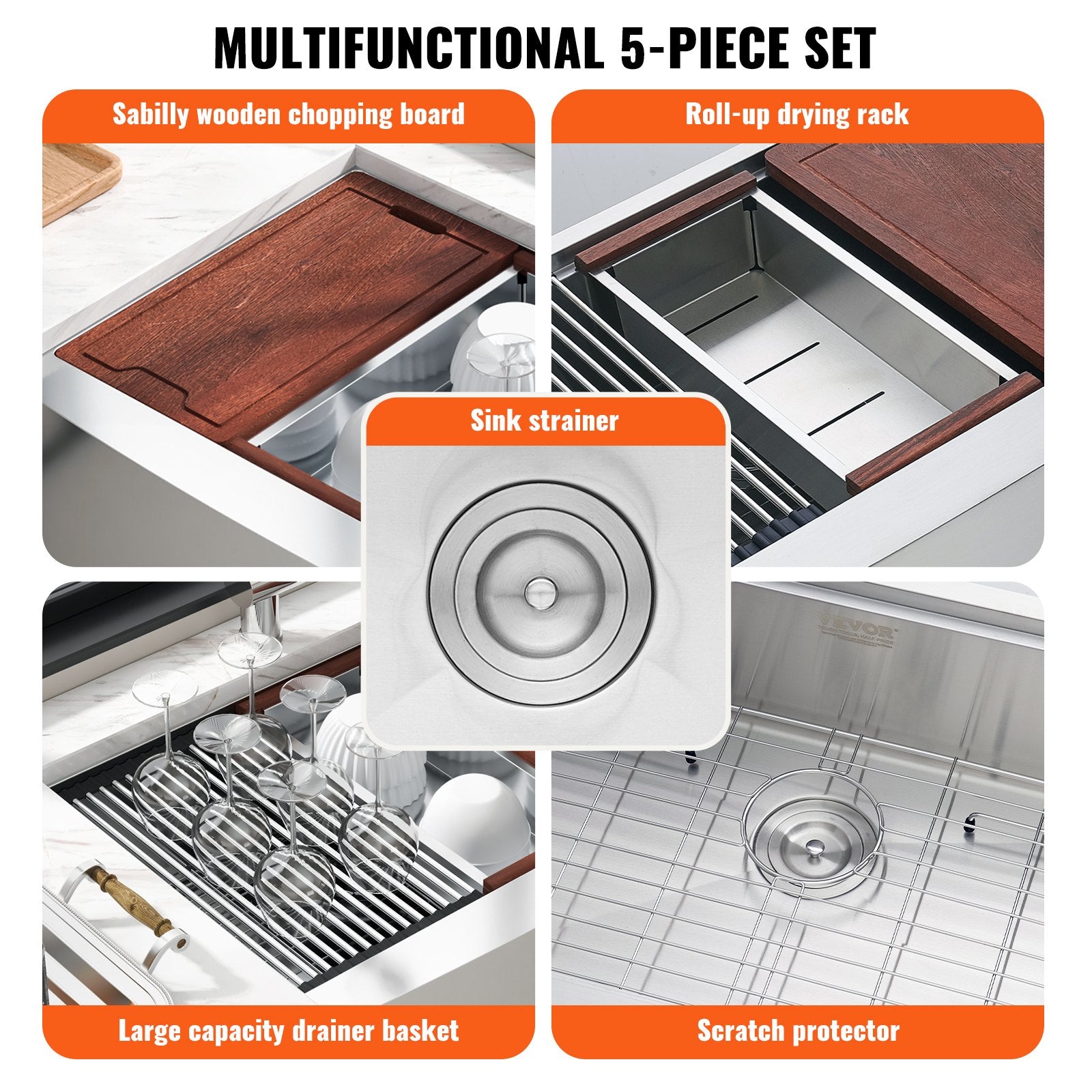 VEVOR Farmhouse Kitchen Sink, 304 Stainless Steel Drop-In Sinks, Top Mount Single Bowl Basin with Ledge & Accessories, Household Dishwasher Sinks for Workstation, Prep Kitchen, and Bar Sink, 36 inch