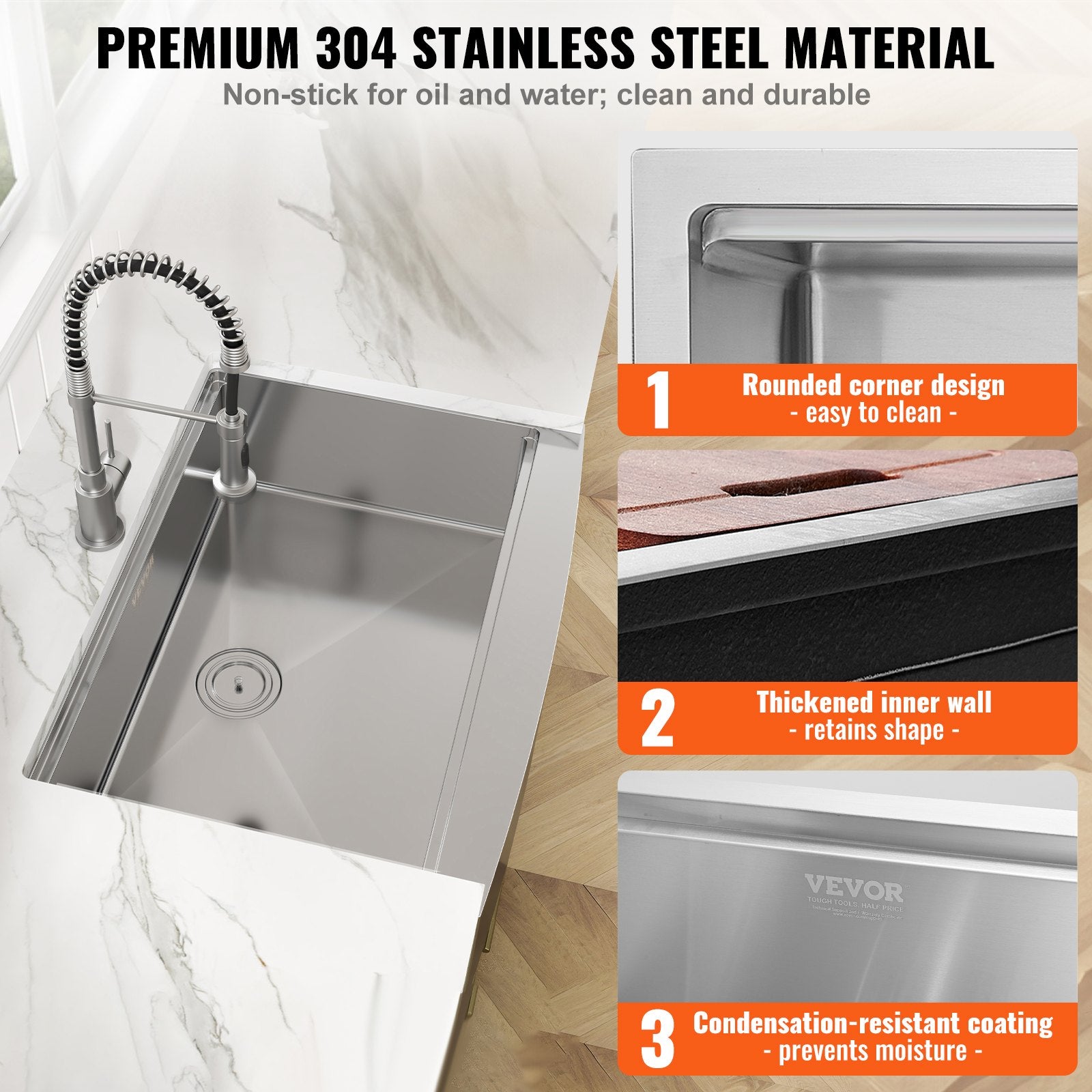 VEVOR Farmhouse Kitchen Sink, 304 Stainless Steel Drop-In Sinks, Top Mount Single Bowl Basin with Ledge & Accessories, Household Dishwasher Sinks for Workstation, Prep Kitchen, and Bar Sink, 36 inch