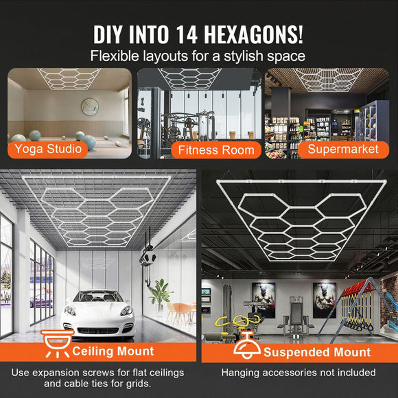 Hexagon Garage Lights 86400LM 5 Grid Honeycomb LED Shop Ceiling Light