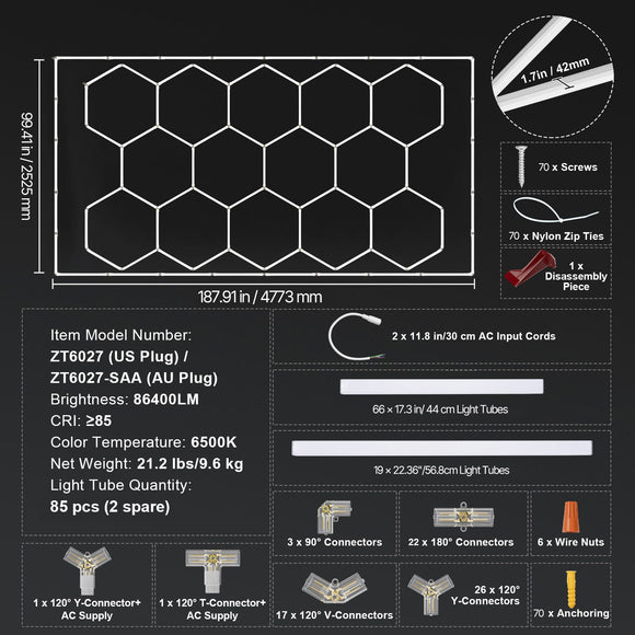 Hexagon Garage Lights 86400LM 5 Grid Honeycomb LED Shop Ceiling Light