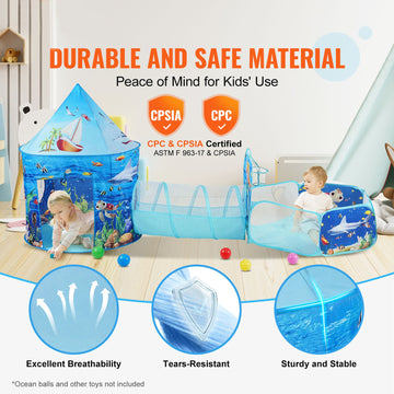 3 in 1 Kids Play Tent with Tunnel, Basketball Hoop for Boys, Girls, Babies and Toddlers, Indoor/Outdoor Pop Up Playhouse with Carrying Bag & Banding Straps Birthday Gifts, Blue Ocean - 0