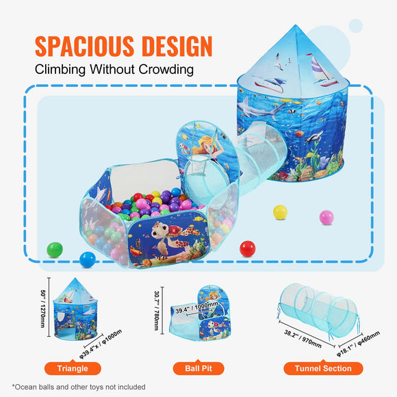 3 in 1 Kids Play Tent with Tunnel, Basketball Hoop for Boys, Girls, Babies and Toddlers, Indoor/Outdoor Pop Up Playhouse with Carrying Bag & Banding Straps Birthday Gifts, Blue Ocean