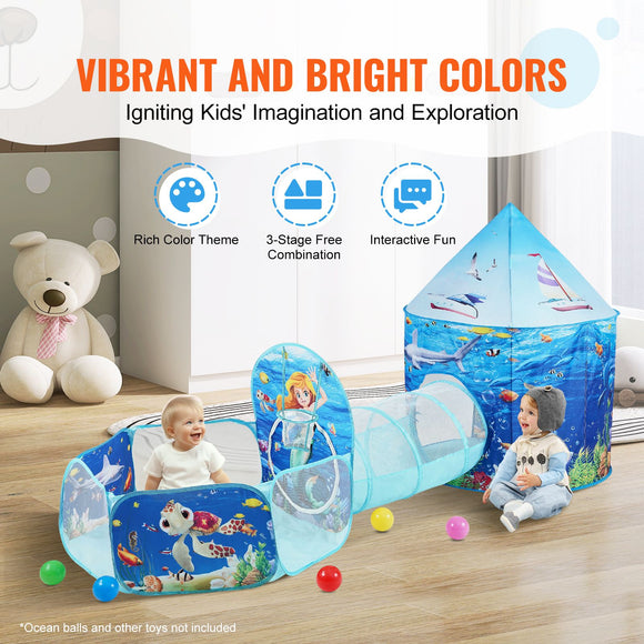 3 in 1 Kids Play Tent with Tunnel, Basketball Hoop for Boys, Girls, Babies and Toddlers, Indoor/Outdoor Pop Up Playhouse with Carrying Bag & Banding Straps Birthday Gifts, Blue Ocean