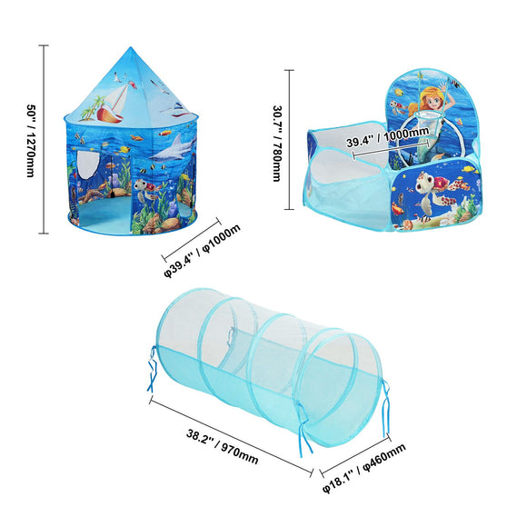 3 in 1 Kids Play Tent with Tunnel, Basketball Hoop for Boys, Girls, Babies and Toddlers, Indoor/Outdoor Pop Up Playhouse with Carrying Bag & Banding Straps Birthday Gifts, Blue Ocean