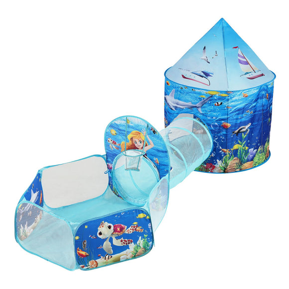 3 in 1 Kids Play Tent with Tunnel, Basketball Hoop for Boys, Girls, Babies and Toddlers, Indoor/Outdoor Pop Up Playhouse with Carrying Bag & Banding Straps Birthday Gifts, Blue Ocean