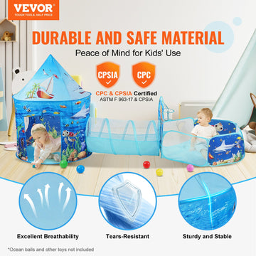 VEVOR 3 in 1 Kids Play Tent with Tunnel, Basketball Hoop for Boys, Girls, Babies and Toddlers, Indoor/Outdoor Pop Up Playhouse with Carrying Bag & Banding Straps Birthday Gifts, Blue Ocean - 0