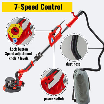 Drywall Sander 750W Electric, Electric Sander Variable Speed 800-1750RPM, Drywall Sander Foldable Sheetrock Sander, with Telescope Handle ,Vacuum Bag Drywall Sanders 6 Sand Pads - 0