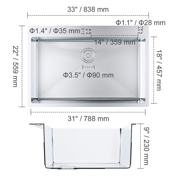Kitchen Sink, 304 Stainless Steel Drop-In Sinks, Top Mount Single Bowl Basin with Accessories(Pack of 3), Household Dishwasher Sinks for Workstation, RV, Prep Kitchen, and Bar Sink, 33 inch