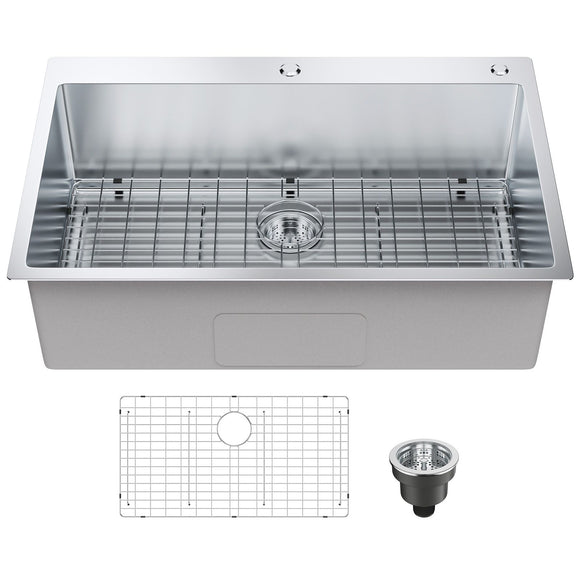Kitchen Sink, 304 Stainless Steel Drop-In Sinks, Top Mount Single Bowl Basin with Accessories(Pack of 3), Household Dishwasher Sinks for Workstation, RV, Prep Kitchen, and Bar Sink, 33 inch