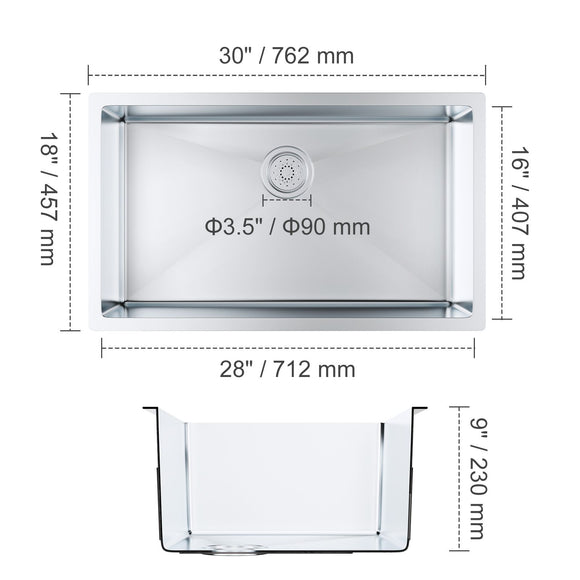 Kitchen Sink, 304 Stainless Steel Drop-In Sinks, Undermount Single Bowl Basin with Accessories(Pack of 3), Household Dishwasher Sinks for Workstation, RV, Prep Kitchen, and Bar Sink, 30 inch