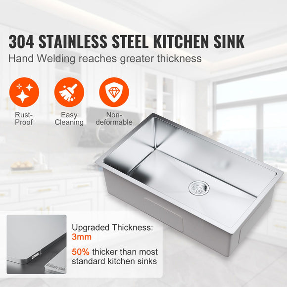 Kitchen Sink, 304 Stainless Steel Drop-In Sinks, Undermount Single Bowl Basin with Accessories(Pack of 3), Household Dishwasher Sinks for Workstation, RV, Prep Kitchen, and Bar Sink, 32 inch