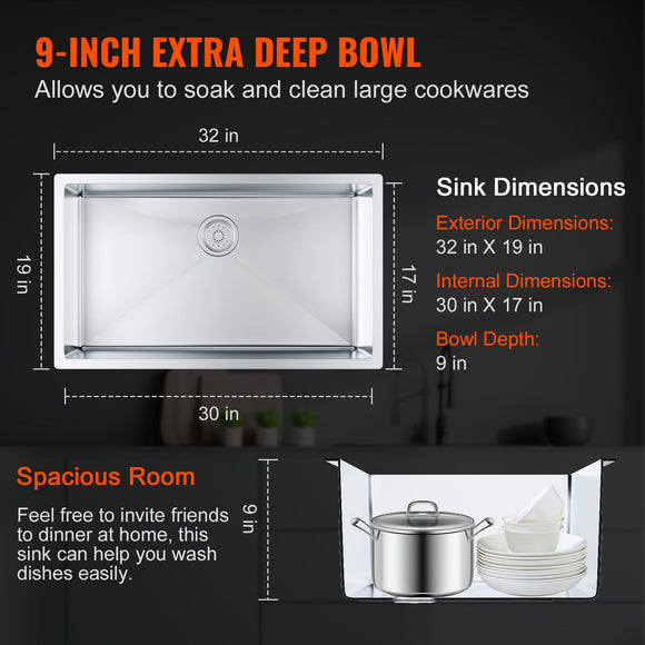 Kitchen Sink, 304 Stainless Steel Drop-In Sinks, Undermount Single Bowl Basin with Accessories(Pack of 3), Household Dishwasher Sinks for Workstation, RV, Prep Kitchen, and Bar Sink, 32 inch