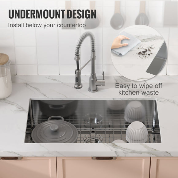 Kitchen Sink, 304 Stainless Steel Drop-In Sinks, Undermount Single Bowl Basin with Accessories(Pack of 3), Household Dishwasher Sinks for Workstation, RV, Prep Kitchen, and Bar Sink, 32 inch