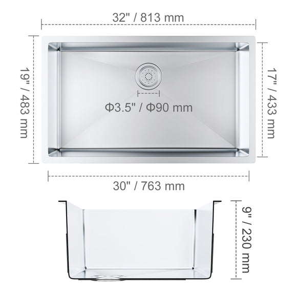 Kitchen Sink, 304 Stainless Steel Drop-In Sinks, Undermount Single Bowl Basin with Accessories(Pack of 3), Household Dishwasher Sinks for Workstation, RV, Prep Kitchen, and Bar Sink, 32 inch