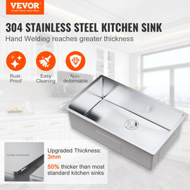VEVOR Kitchen Sink, 304 Stainless Steel Drop-In Sinks, Undermount Single Bowl Basin with Accessories(Pack of 3), Household Dishwasher Sinks for Workstation, RV, Prep Kitchen, and Bar Sink, 32 inch - 0