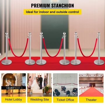 6PCS Red Rope Stanchion Silver Post Crowd Control Queue Line Barrier - 0