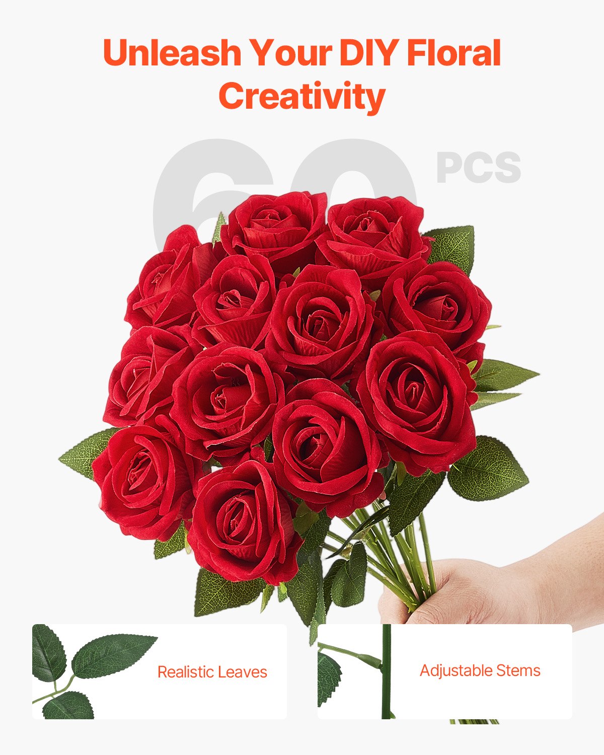 VEVOR 60 Pcs Red Roses Artificial Flowers Realistic Bouquet for Xmas Home Decor