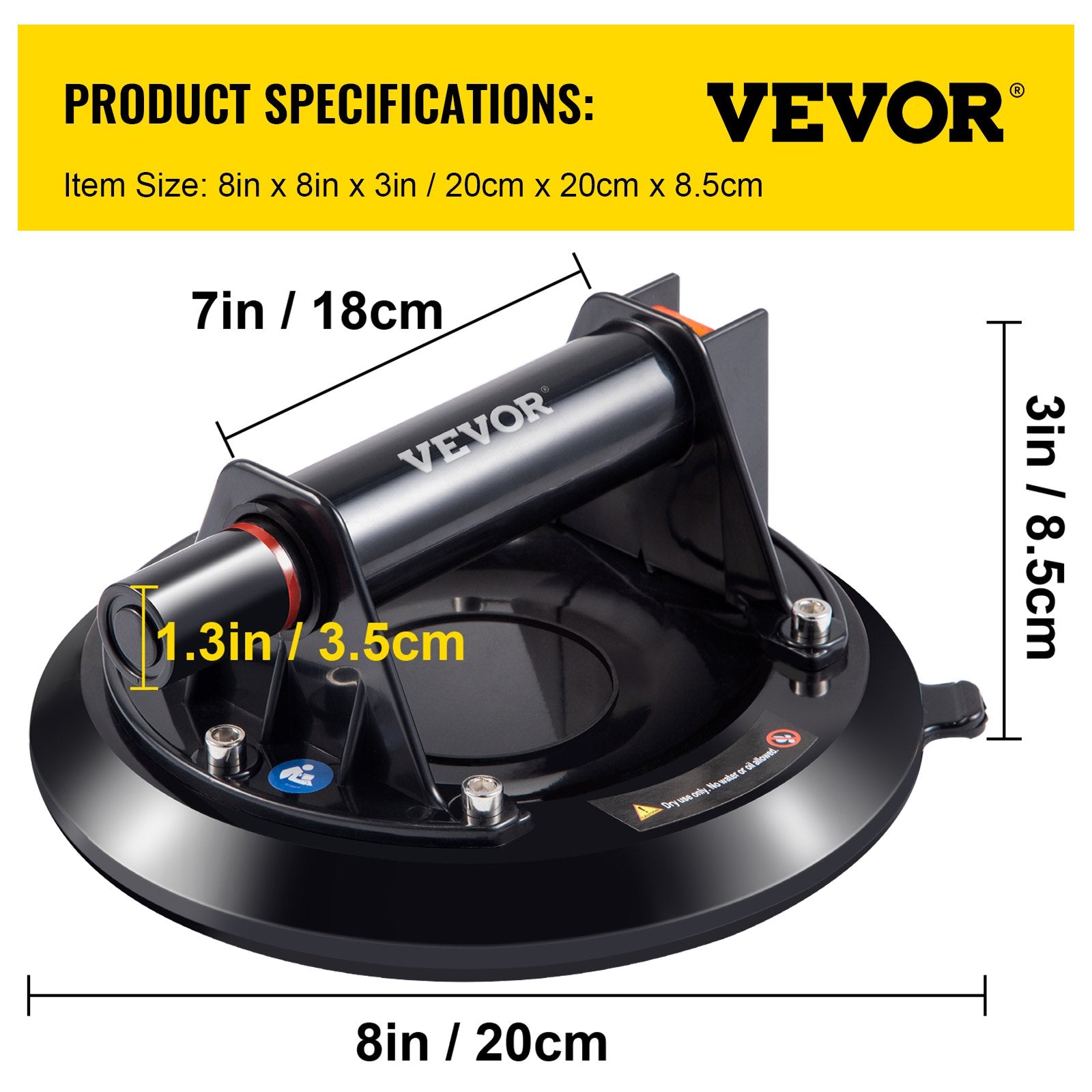 VEVOR Glass Suction Cup, 8'' Vacuum Suction Cup, 220lbs Load Capacity Vacuum Glass Lifter with Plastic Handle, Heavy-Duty Hand-Held Glass Lifter For Granite & Glass Lifting, With a free case