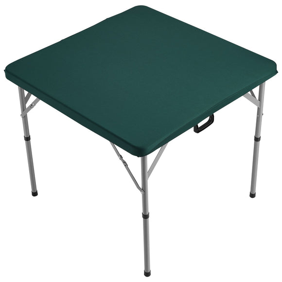 Mahjong Table with Mahjong Tiles Set, Fold-in-Half 4 Player Card Table with 144PCS Majiang Tiles and 3 Dice, Portable Bi-Folding Domino Table with Wear-Resistant Green Tabletop & Carrying Handle