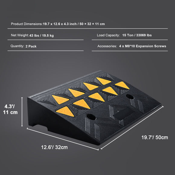 Rubber Curb Ramp 2 Pack, 11 cm Rise Height Heavy-Duty 15 tons Load Capacity Threshold Ramps, Driveway Ramps with Stable Grid Structure for Cars, Wheelchairs, Bikes, Motorcycles