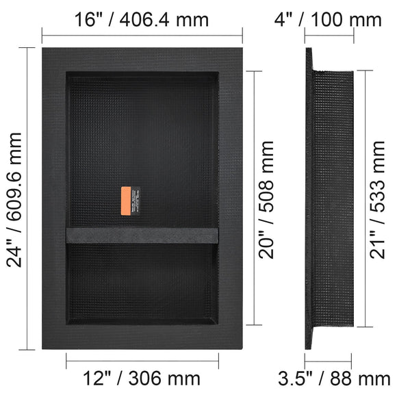 Shower Niche Ready for Tile 40.64 x 60.96 cm, 16 x 24 inch Double Shelf Organizer, Square Corners Wall-inserted Niche Recessed, Sealed Protection Modern Soap Storage Niche for Shower Bathroom, Black
