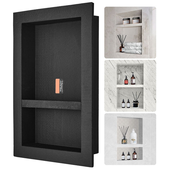 Shower Niche Ready for Tile 40.64 x 60.96 cm, 16 x 24 inch Double Shelf Organizer, Square Corners Wall-inserted Niche Recessed, Sealed Protection Modern Soap Storage Niche for Shower Bathroom, Black