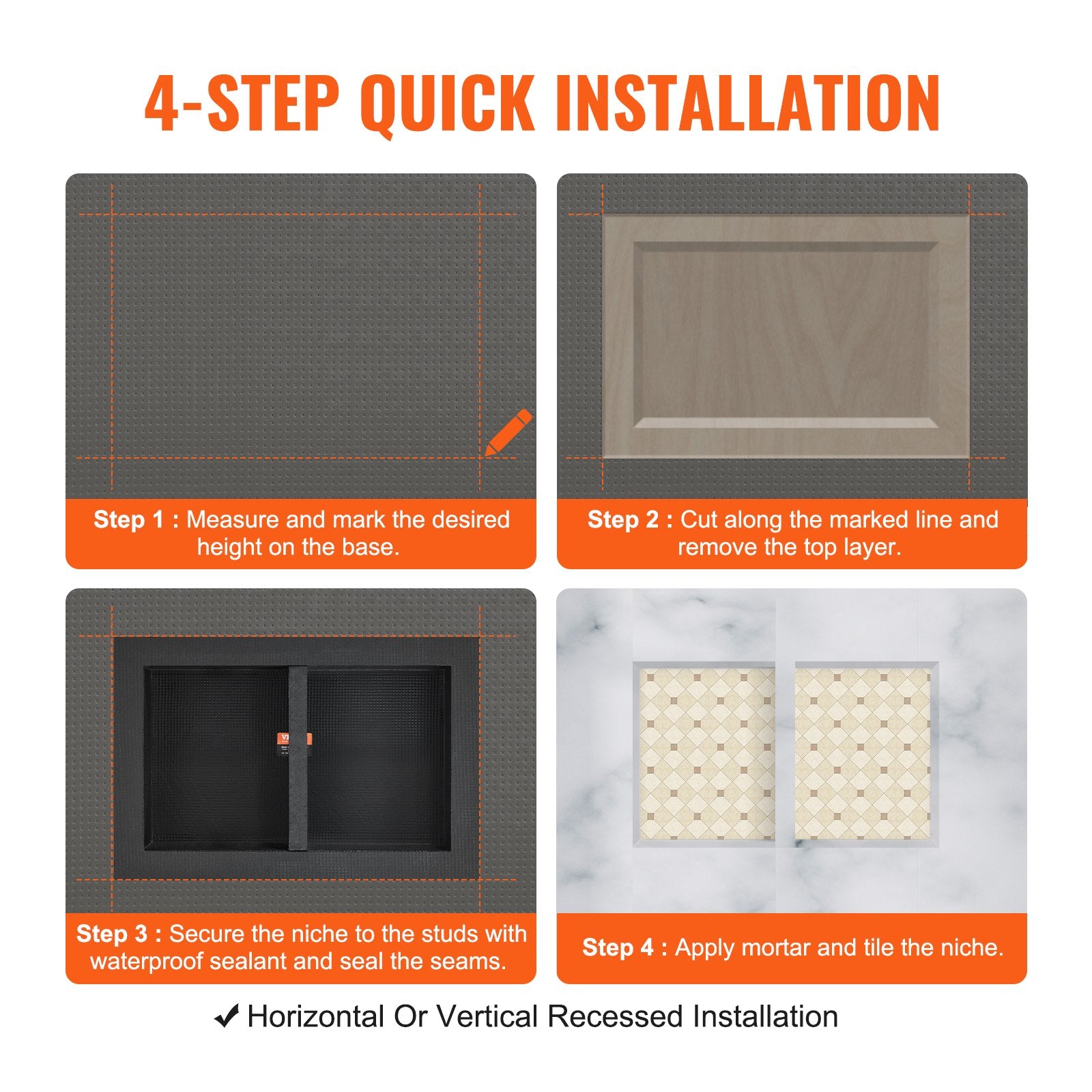 VEVOR Shower Niche Ready for Tile 40.64 x 60.96 cm, 16 x 24 inch Double Shelf Organizer, Square Corners Wall-inserted Niche Recessed, Sealed Protection Modern Soap Storage Niche for Shower Bathroom, Black
