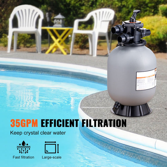 Sand Filter, 16-inch, 406.4mm, Up to 35 GPM Flow Rate, Above Inground Swimming Pool Sand Filter System with 7-Way Multi-Port Valve, Filter, Backwash, Rinse, Recirculate, Waste, Winter, Closed Functions