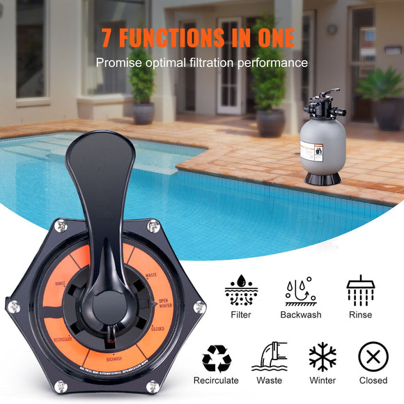 Sand Filter, 16-inch, 406.4mm, Up to 35 GPM Flow Rate, Above Inground Swimming Pool Sand Filter System with 7-Way Multi-Port Valve, Filter, Backwash, Rinse, Recirculate, Waste, Winter, Closed Functions
