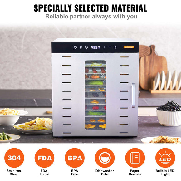 10 Trays Food Dehydrator Machine Stainless Steel 1000W Jerky Fruit Drying