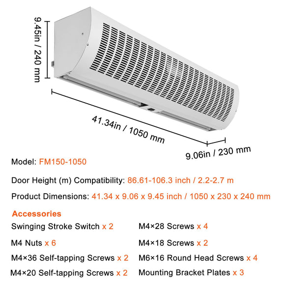1.1m Commercial Indoor Air Curtain Super Power 2 Speeds 2292m_/h, UL Certified Wall Mounted Air Curtains for Doors, Indoor Over Door Fan with Heavy Duty Limit Switch, Easy-Install Unheated