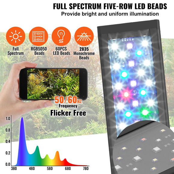 Aquarium Light, 14W Full Spectrum Fish Tank Light with 24/7 Natural Mode, Adjustable Timer & 5-Level Brightness, with Aluminum Alloy Shell Extendable Brackets for 12"-18" Freshwater Planted Tank