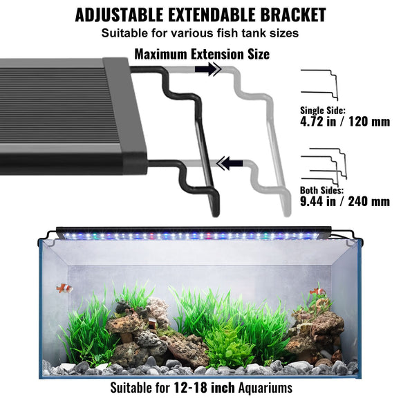 Aquarium Light, 14W Full Spectrum Fish Tank Light with 24/7 Natural Mode, Adjustable Timer & 5-Level Brightness, with Aluminum Alloy Shell Extendable Brackets for 12"-18" Freshwater Planted Tank
