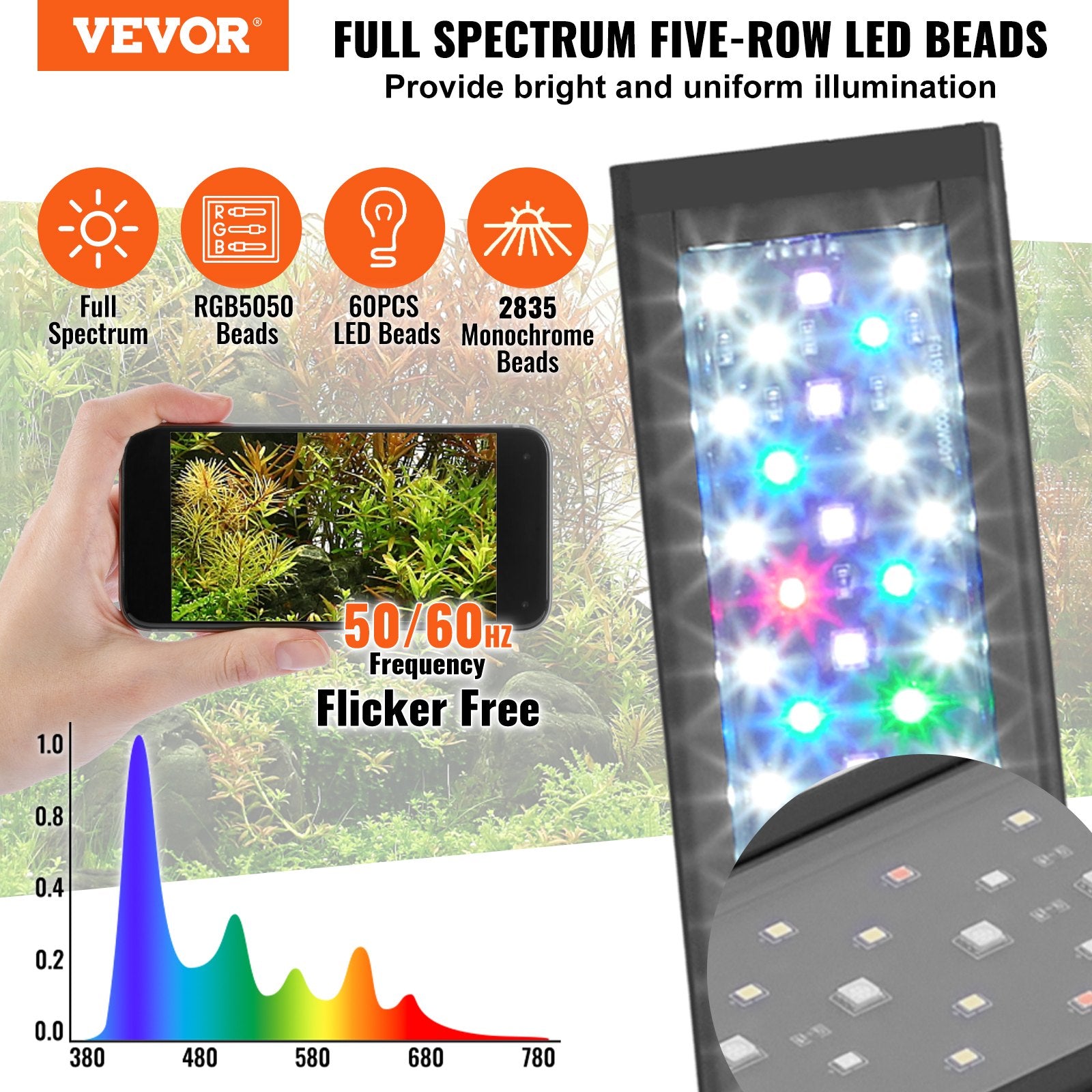 VEVOR Aquarium Light, 14W Full Spectrum Fish Tank Light with 24/7 Natural Mode, Adjustable Timer & 5-Level Brightness, with Aluminum Alloy Shell Extendable Brackets for 12"-18" Freshwater Planted Tank - 0