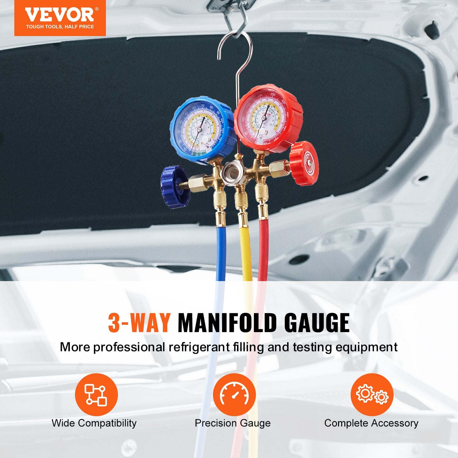VEVOR AC Gauge Set - 3 Way AC Manifold Gauge Set for R134A R22 R12 R502 Refrigerant, Freon Gauges with 5ft Hoses, Couplers, Can Tap Works on Car Auto Freon Charging and Evacuation - 0