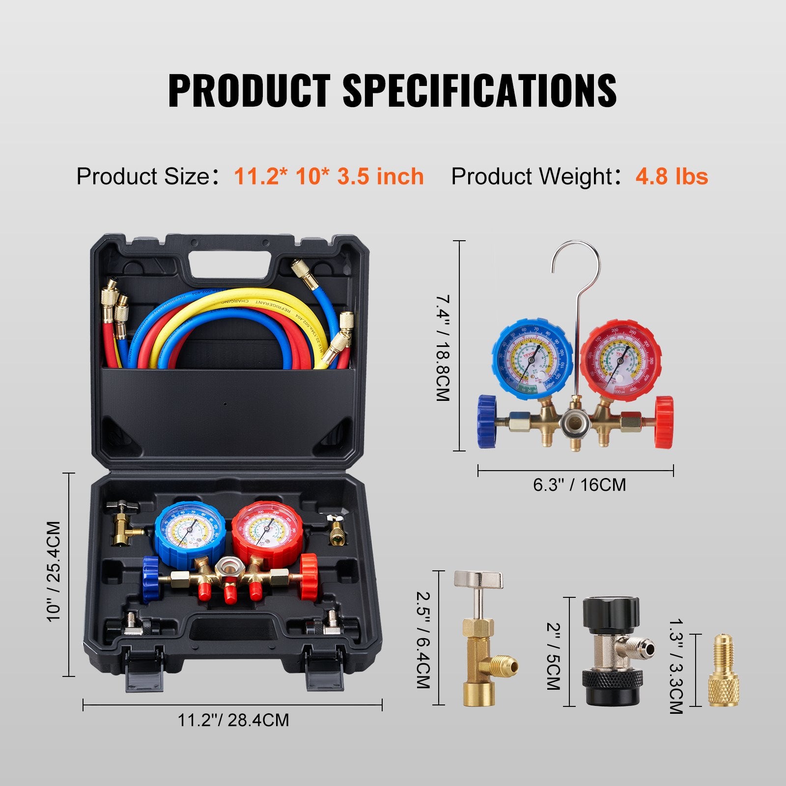 VEVOR AC Gauge Set - 3 Way AC Manifold Gauge Set for R134A R22 R12 R502 Refrigerant, Freon Gauges with 5ft Hoses, Couplers, Can Tap Works on Car Auto Freon Charging and Evacuation