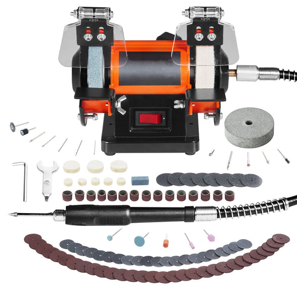 Jewelry Polisher, Bench Grinder Polishing & Buffing Machine, 3590RPM Bench Lathe Polisher with 1 Wool Wheel & 1 Abrasive Fiber Wheel & 1 Grinding Wheel & 100pcs Tools
