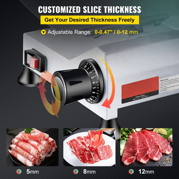 Commercial Meat Slicer, 240W Electric Deli Food Slicer, 10 inch Carbon Steel Blade Electric Food Slicer, 350-400RPM Meat Slicer, 0 - 0.47 inch Adjustable Thickness for Commercial and Home Use