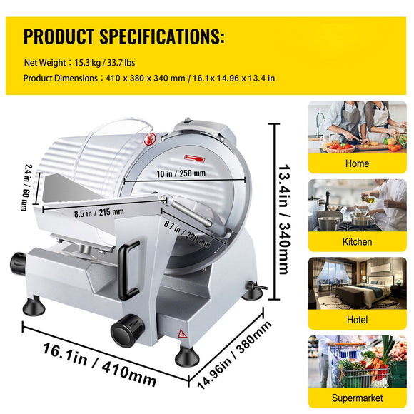 Commercial Meat Slicer, 240W Electric Deli Food Slicer, 10 inch Carbon Steel Blade Electric Food Slicer, 350-400RPM Meat Slicer, 0 - 0.47 inch Adjustable Thickness for Commercial and Home Use