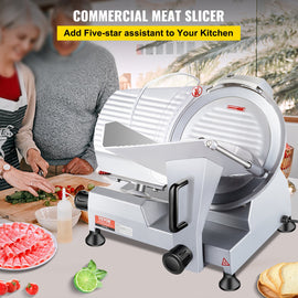VEVOR Commercial Meat Slicer, 240W Electric Deli Food Slicer, 10 inch Carbon Steel Blade Electric Food Slicer, 350-400RPM Meat Slicer, 0 - 0.47 inch Adjustable Thickness for Commercial and Home Use - 0