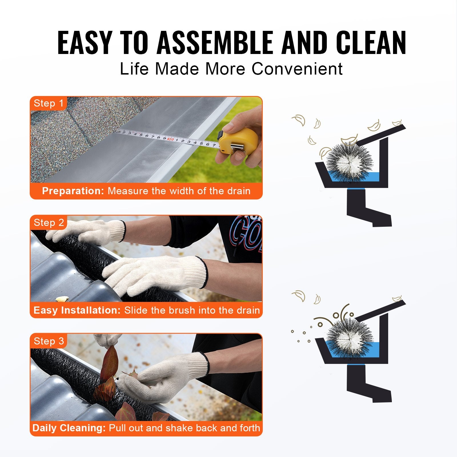 VEVOR Gutter Brush, 30 Feet Total Length 4.33 inch Diameter Gutter Cleaning Tools, Ground-Level Gutter Brush Leaf Guard for 5 Inch Gutters, Easily Clear roof Leaves and Debris, 10 Pack - 0