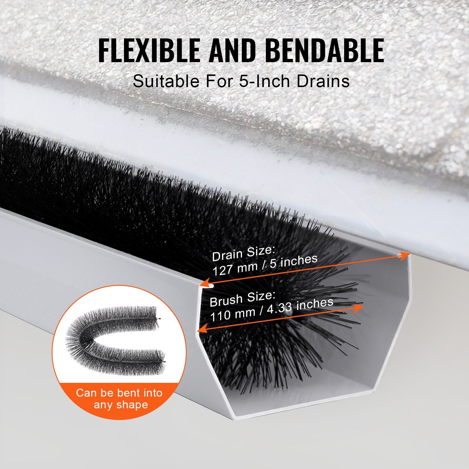 VEVOR Gutter Brush, 30 Feet Total Length 4.33 inch Diameter Gutter Cleaning Tools, Ground-Level Gutter Brush Leaf Guard for 5 Inch Gutters, Easily Clear roof Leaves and Debris, 10 Pack