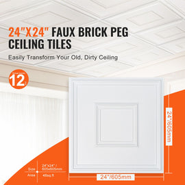 Ceiling Tiles 12-Pack 24 x 24 in PVC Easy Installation White Geometric - 0