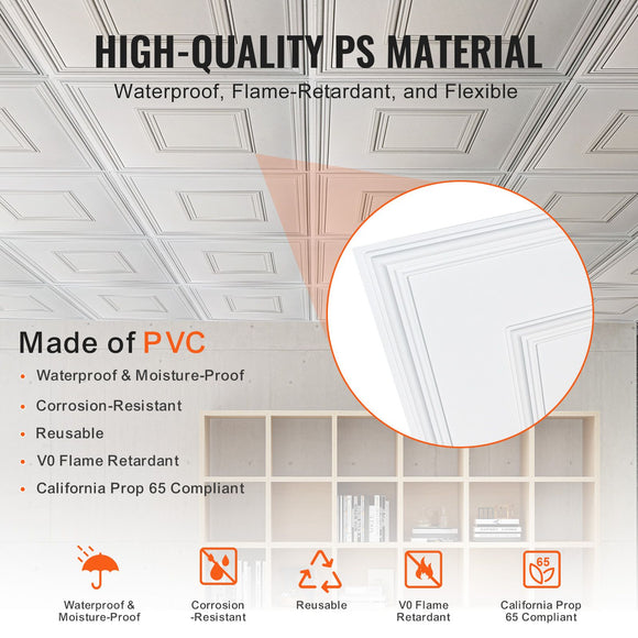 Ceiling Tiles 12-Pack 24 x 24 in PVC Easy Installation White Geometric